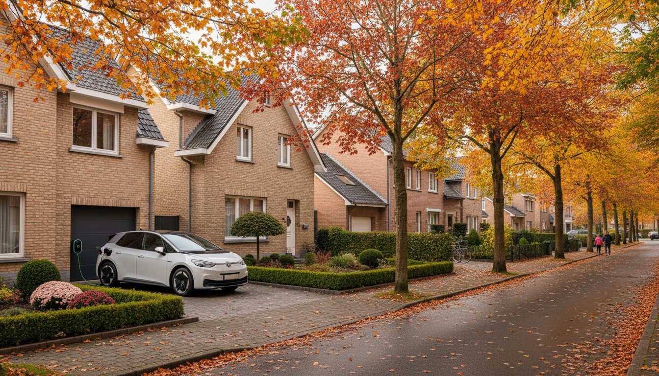Straatbeeld met laadpaal op woning in Flandre
